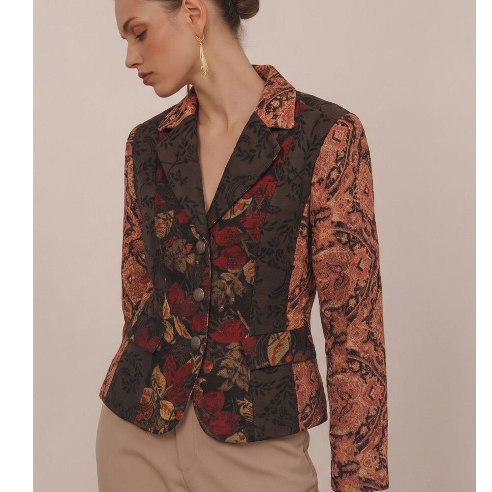 Coldwater Creek Boho Tapestry Blazer 3 Button Lined Southwestern Print Size 14